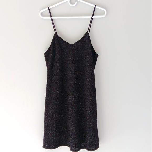 Angie Dresses & Skirts - Angie Slip Mini Dress Black Silver Metallic Shimmer Spaghetti Strap Low V Medium